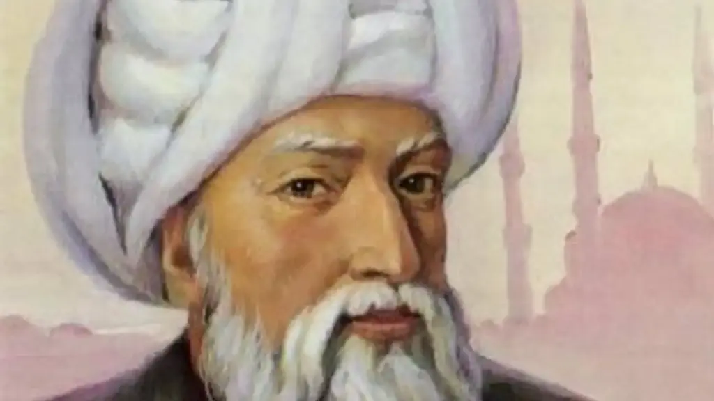 Painted portrait of Sedefkar Mehmed Ağa, the Ottoman architect who designed the Blue Mosque, wearing a white turban with a mosque silhouette in the background